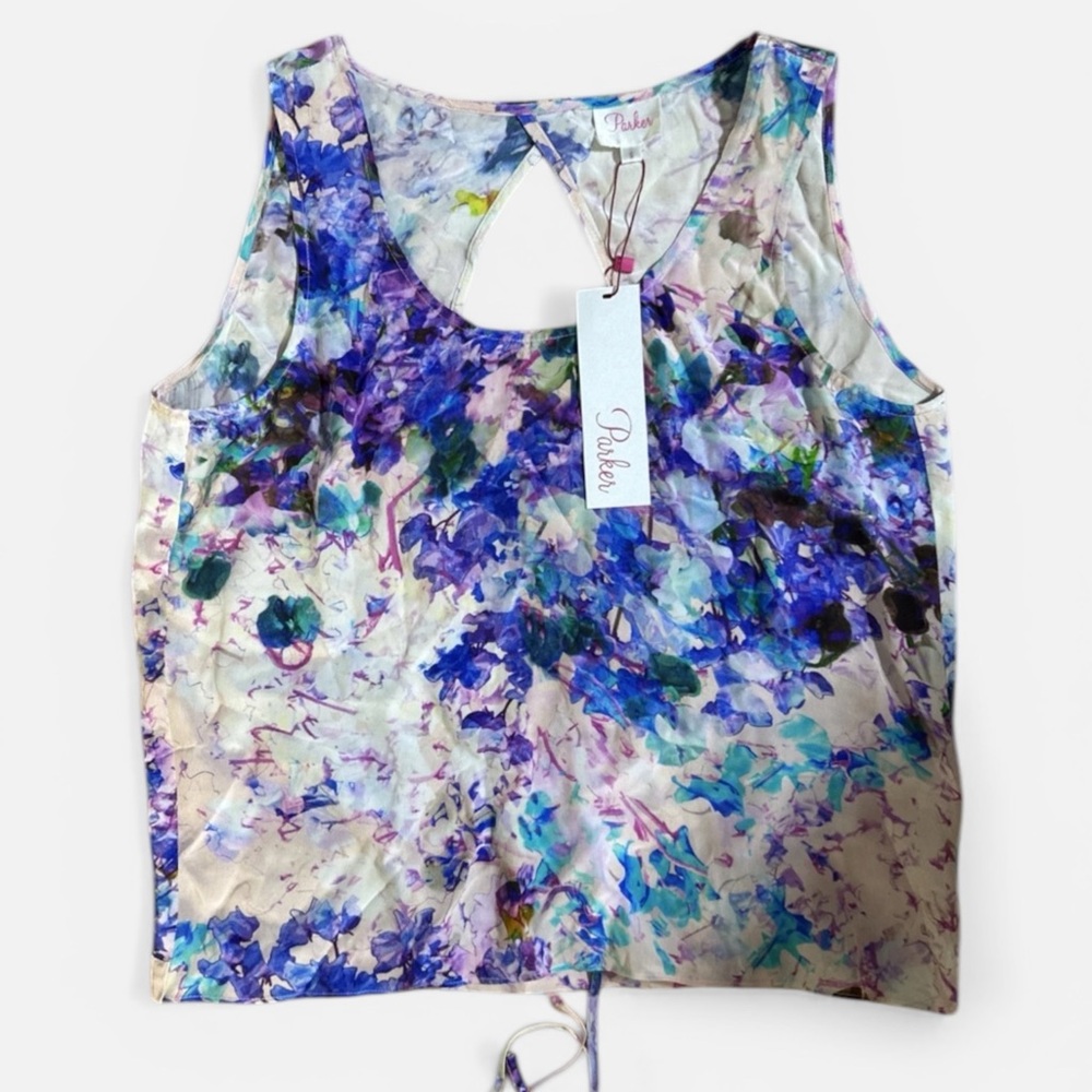 NWT Parker Silk Blouse Artsy Abstract Floral Open Back Scoop Neck Size S